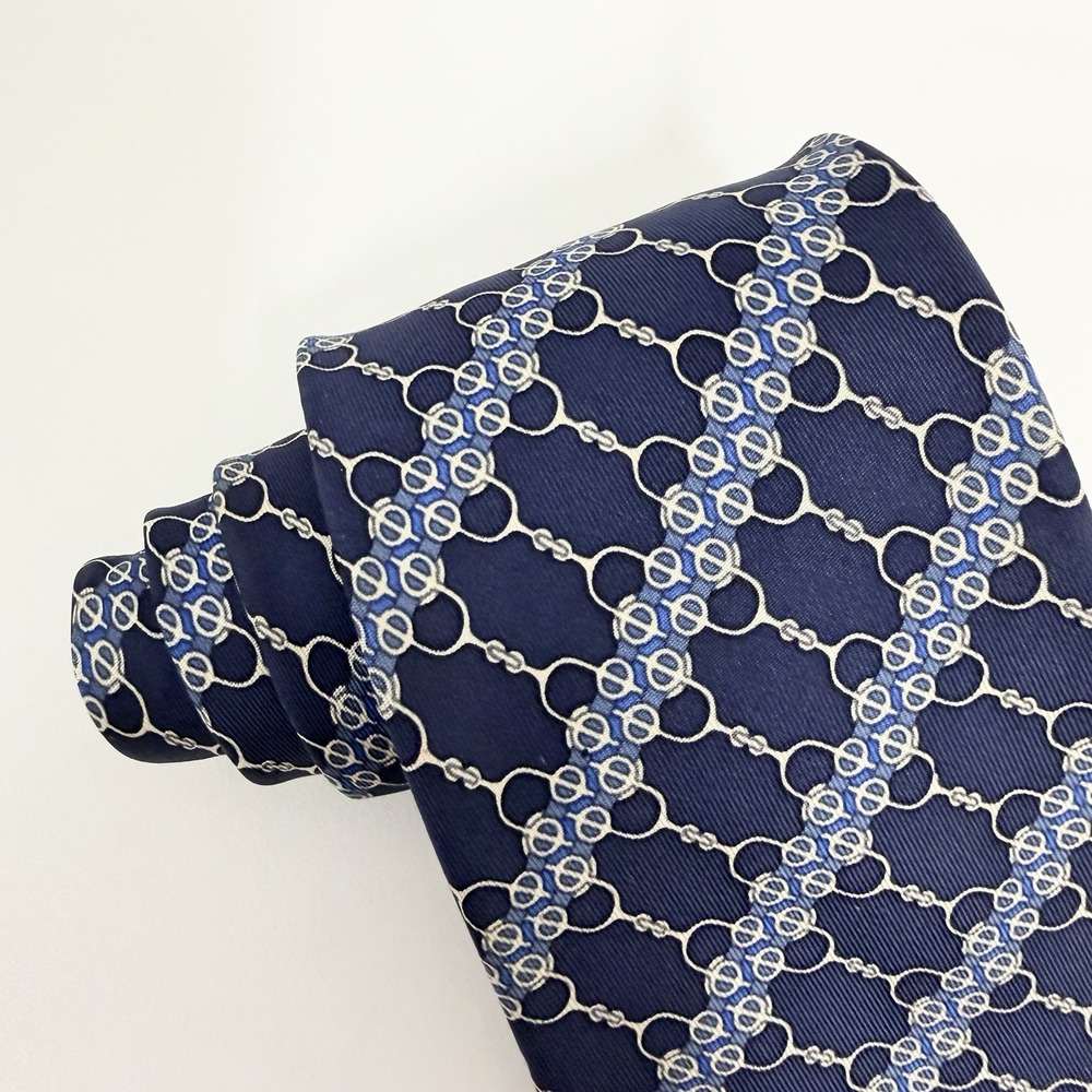 Hermes Men's Tie Chain Links Navy Blue & Khaki Silk 7077 OA 3.25" (W) x 55" (L) - Picture 6 of 8